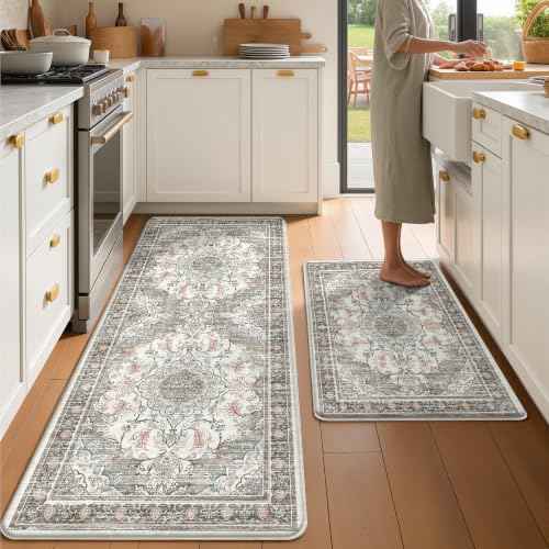 Boho Kitchen Mats for Floor 2 Piece Set Anti Fatigue Cushioned PVC Kitchen Rugs Non Slip Waterproof Farmhouse Mats 2