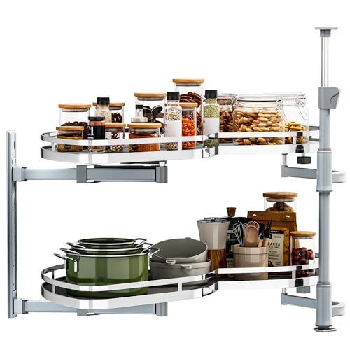 28-Inch 2-Tier Lazy Susan Turnable for Cabinet, Rotating 2-Shelf Lazy Susan Corner Organizer with Adjustable Height for Kitchen Pantry, Chrome-Plated Double Spinning Corner Organizer, Silver