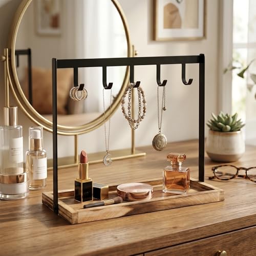 Black Metal Entryway Key Holder with 5 Hooks and Burnt Wood Base