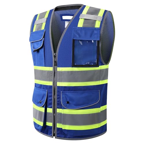 9 Pockets Class 2 High Visibility Zipper Front Safety Vest With Reflective Strips Meets ANSI