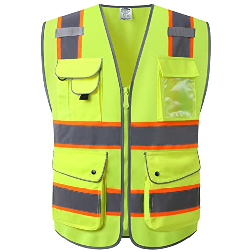 9 Pockets Class 2 High Visibility Zipper Front Safety Vest With Reflective Strips Meets ANSI