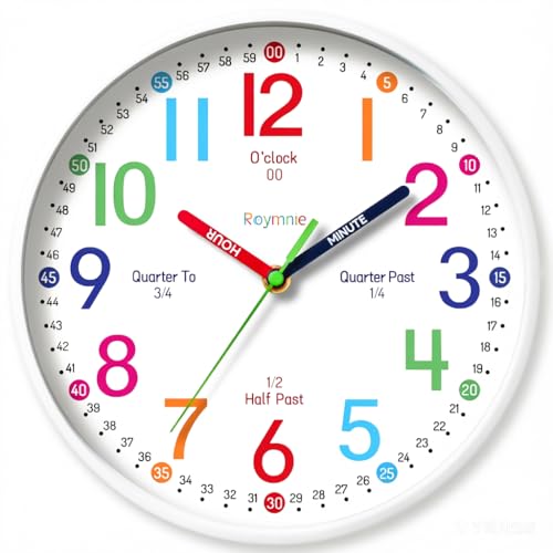 Wall Clock for Kids Learning to Tell Time Easily Clock Non Ticking Battery Operated Colorful Teaching Time Clock Decorative for Kids Room Classroom School