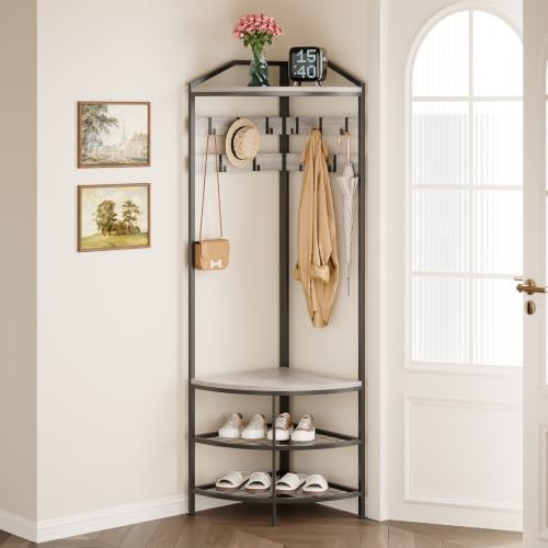 Corner Hall Tree with Shoe Bench Entryway Coat Rack with 10 Metal Movable Hooks Freestanding Clothes Rack Shoes Shelf Organizer for Home Office Bedroom