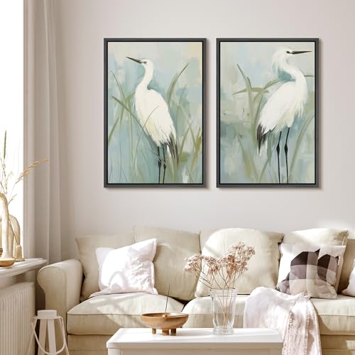 Framed Canvas Print Wall Art White Heron Pair in Marsh Coastal Illustrations Modern Art Decorative Bohemian Colorful for Living Room