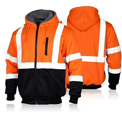 Men's High Visibility Safety ANSI Class 3 Lined Fleece Hoodie Sweatshirt with Black Bottom Jumper Workwear for Men