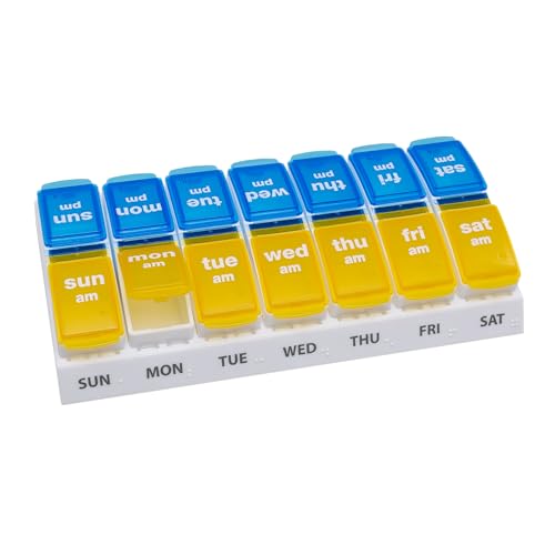 Weekly (7-Day) AM/PM Pill Organizer, Vitamin and Medicine Box, Large Pop-Out Compartments, 2 Times a Day