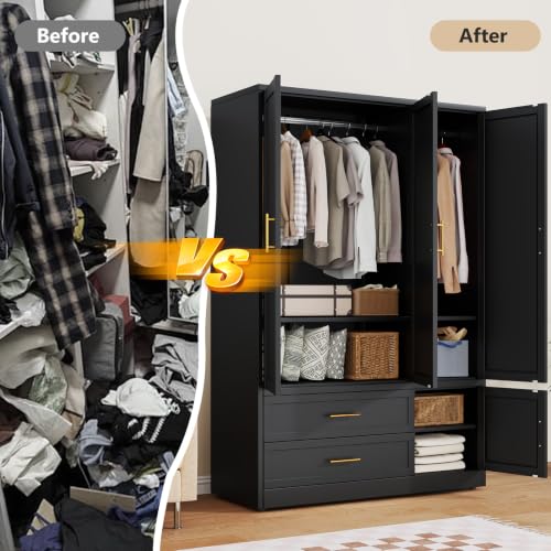 Metal Wardrobe Storage Cabinet with Hanging Rod for Bedroom
