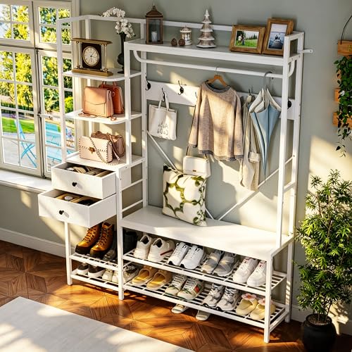 7-in-1 Hall Tree with Bench and Shoe Storage, 55" Entryway Bench Coat Rack