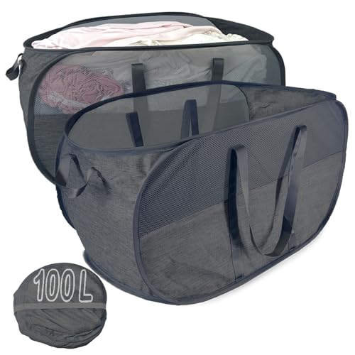 100L Extra Large Mesh Pop Up Laundry Hamper with Lid and Handles