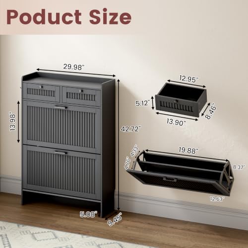 Fluted Shoe Storage Cabinet with 2 Flip Drawers & 2 Top Drawers