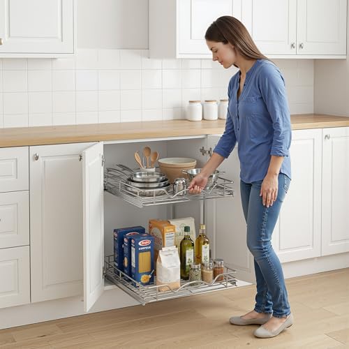 2-Tier Pull-Out Cabinet Organizer with Heavy-Duty Steel Frame, Full-Extension Sliding Shelves, Holds 100 lbs, Easy Install for Kitchen, Pantry & Under Sink Cabinets