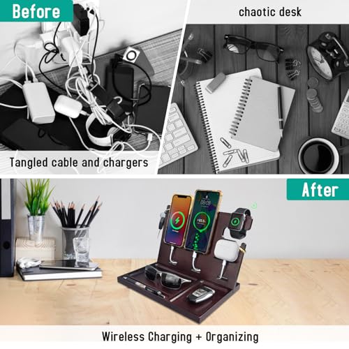 USB Charging Station for Multiple Devices Wood Phone Docking Station with QC3.0 & PD 22.5W Type c Charger Fast Charging for iPhone Samsung Google Andriod Smart Watch Earbuds Gifts for Men