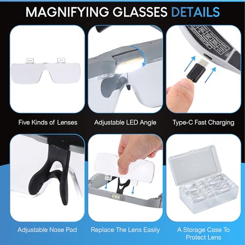 Magnifying Glasses with 3 LED Lights and 5 Detachable Lenses