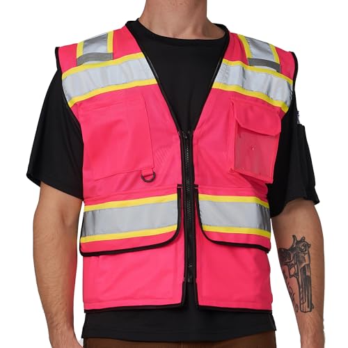 High Vis Reflective Safety Vest for Men Women Zipper Ipad Pockets Mesh Construction Apparel Neon Vest for Work