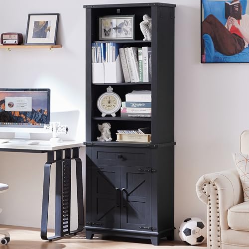 72in Tall Bookshelf 7 Tier Bookcase with Drawer and Barn Doors and Adjustable Shelves