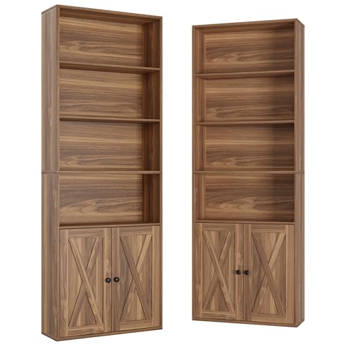Industrial Bookshelves and Bookcases with Doors Set of 2 Floor Standing 6 Shelf Display Storage Shelves 70 in Tall Bookcase for Home Office