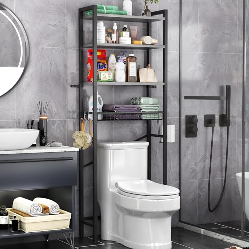 Over-The-Toilet Storage Rack, 4-Tier Bathroom Organizer Shelf Over Toilet with Adjustable Shelf and Basket, Freestanding Space Saver Bathroom Shelves Above Toilet for Room
