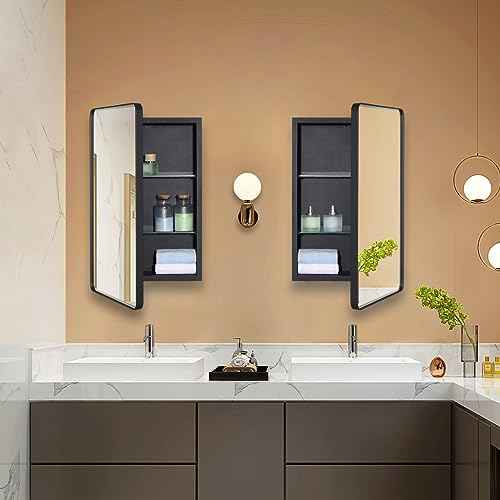 Black Bathroom Mirror Medicine Cabinet with Round Corner Framed Door and Beveled Edge Mirror