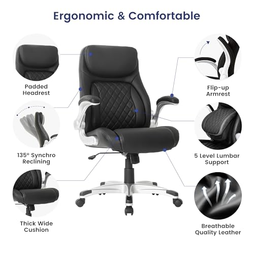 Ergonomic Office Chair Premium Leather Adjustable Lumbar Support and Armrests High Back Executive Computer Desk Chair