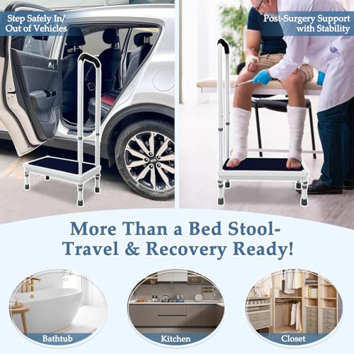 Bed Steps for High Beds for Adults Step Stool with Handle for Elderly Bedside Cane Handicap Safety Assist Wide Platform Medical Adjustable Stepping Stool for Bathtub