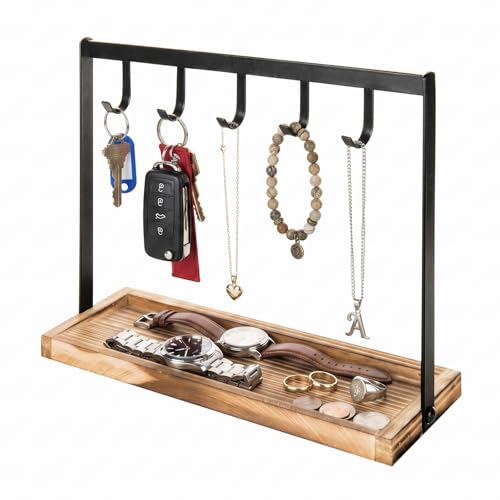 Black Metal Entryway Key Holder with 5 Hooks and Burnt Wood Base
