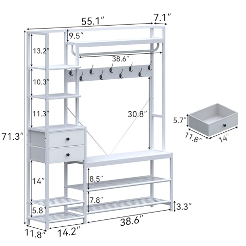 7-in-1 Hall Tree with Bench and Shoe Storage, 55" Entryway Bench Coat Rack