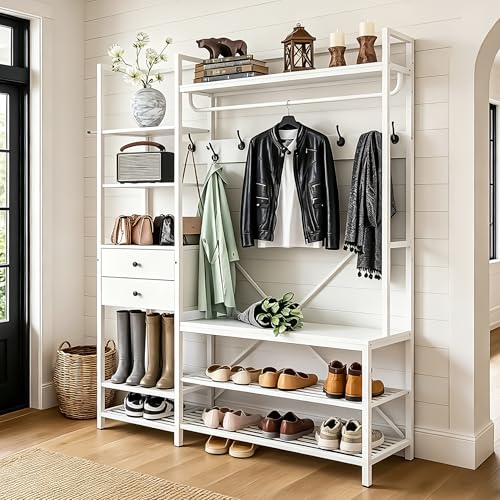 7-in-1 Hall Tree with Bench and Shoe Storage, 55" Entryway Bench Coat Rack