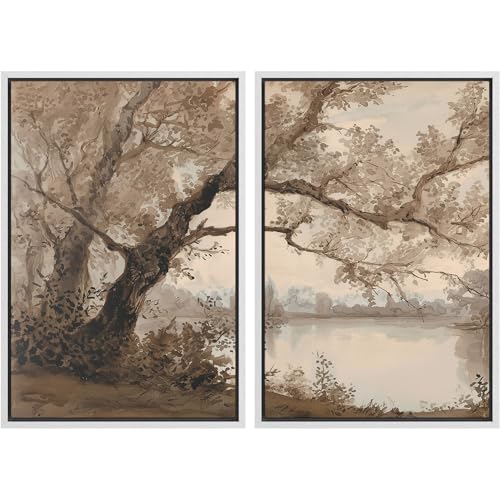 Framed Canvas Print Wall Art White Heron Pair in Marsh Coastal Illustrations Modern Art Decorative Bohemian Colorful for Living Room