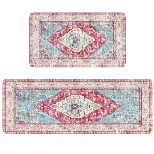 KIMDOE Boho Kitchen Rugs and Mats 2PCS Cushioned Anti Fatigue Kitchen Mat Non