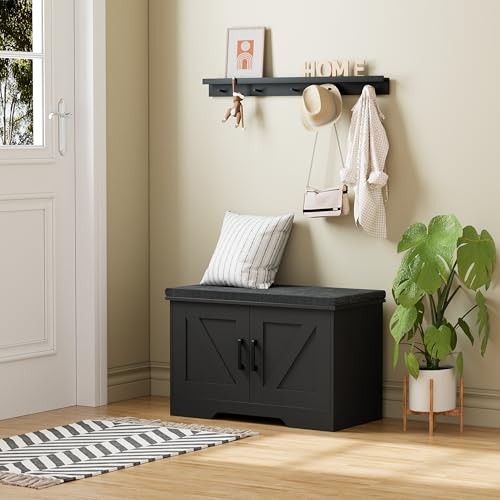 Farmhouse Shoe Storage Bench with Barn Doors & Padded Seat Cushion