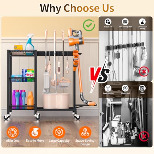 Broom Holder with Cleaning Supplies Organizer & Large Capacity