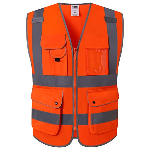 9 Pockets Class 2 High Visibility Zipper Front Safety Vest With Reflective Strips Meets ANSI