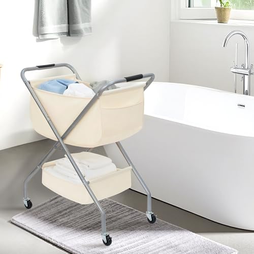 Collapsible Laundry Cart with Wheels Rolling Laundry Hamper Clothes Basket with Wheels