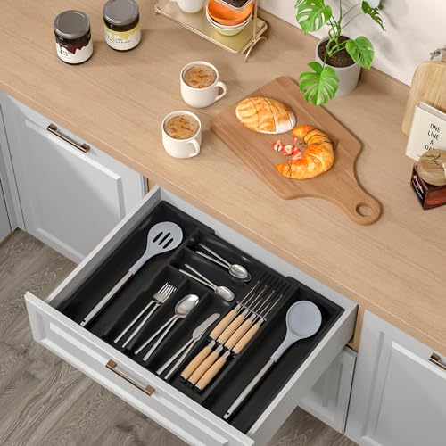 Expandable Bamboo Silverware Organizer with Knife Block