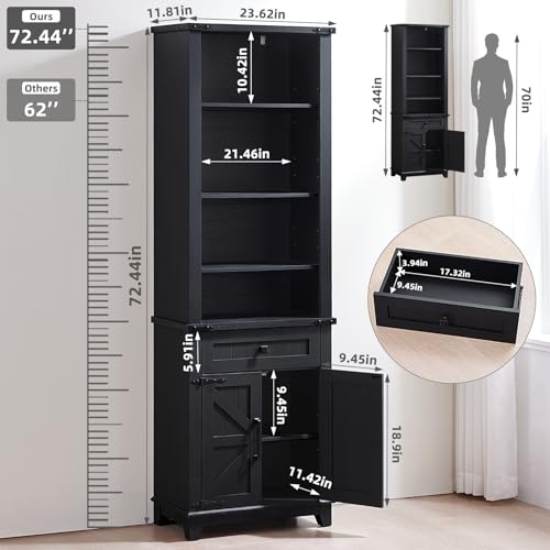 72in Tall Bookshelf 7 Tier Bookcase with Drawer and Barn Doors and Adjustable Shelves