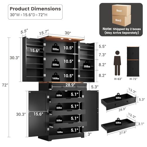 71" Pantry Cabinet with Charging Station & LED Lights