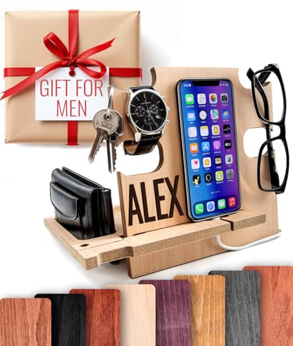 GRETAOTO Personalized Wood Phone Docking Station Gift for Men Bedside Nightstand Charging Station Organizer Mens Accessories Phone Stand Anniversary Birthday Gifts for Dad Him Husband