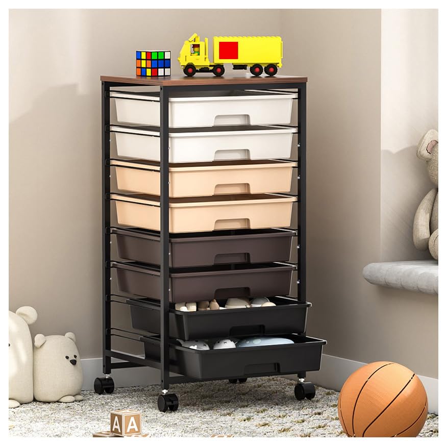 Rolling Cart with 8 Drawers and Wooden Tabletop
