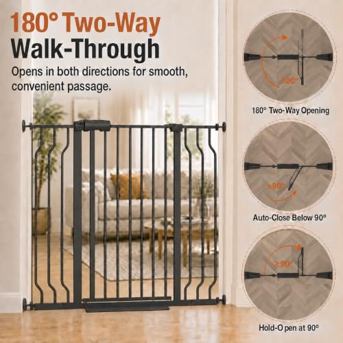 Baby Gate Extra Wide Pressure Mounted Walk Through Swing Auto Close Safety Black Metal Toddler Kids Child Dog Pet Puppy for Stairs