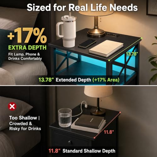 Night Stand Set of 2 with Charging Station and LED Lights