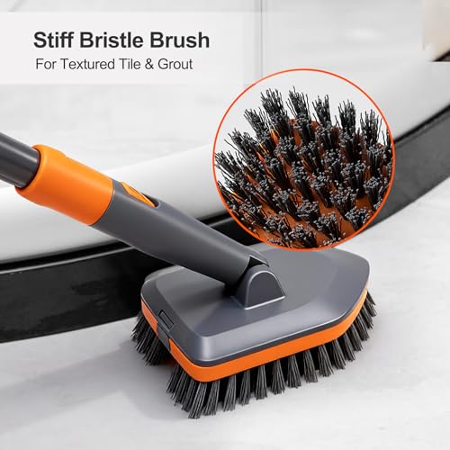 Tub Tile Scrubber Brush with 2 Different Function Cleaning Pads and 52" Extendable Long Handle