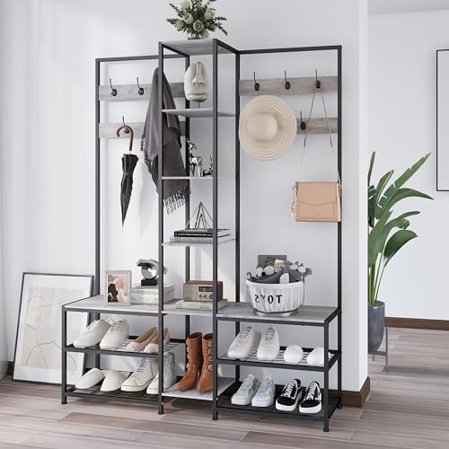 Corner Hall Tree with Shoe Rack Storage Bench Display Open Shelves Modern Industrial Entryway Coat Rack Stand for Home Living Room Mudroom Bedroom Multifuncitonal 5 in 1