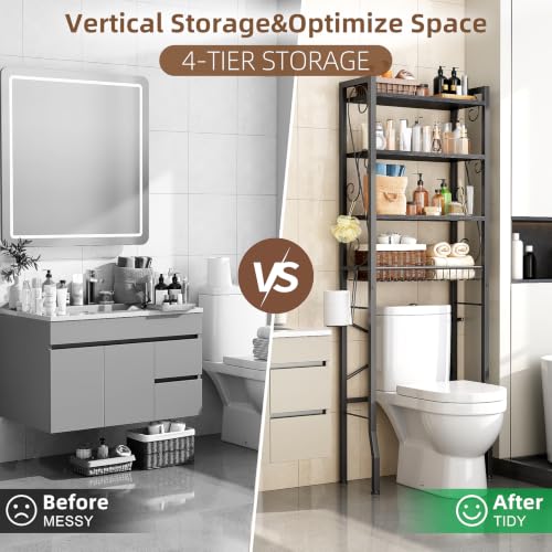Over-The-Toilet Storage Rack 4-Tier,Bathroom Organizer Shelf Over Toilet,Adjustable Wooden Shelves and Basket,Freestanding Above Toilet Shelves,Space Saver for Rooms