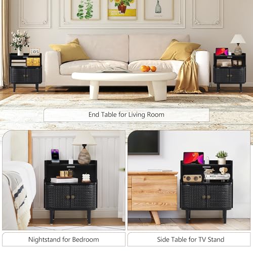Metal Rattan Narrow End Table with Charging Station
