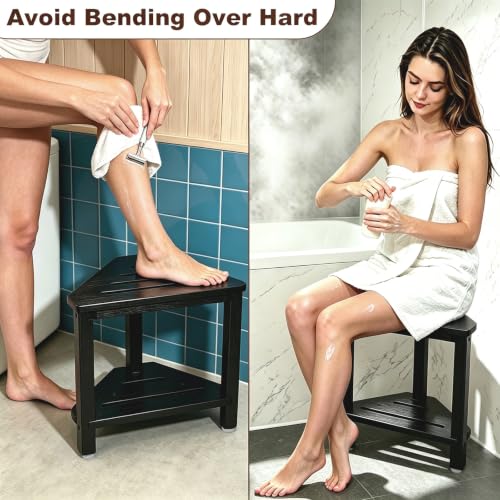 Acacia Corner Shower Stool with Storage Shelf Small Bench