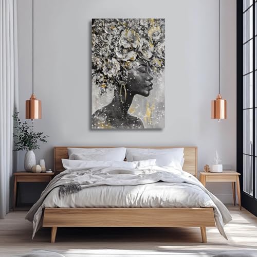 Black Woman Wall Art African American Canvas Animal Painting Cow Farmhouse Abstract Wall Decor Gray White Black Gold Modern Rustic Artwork for Living Room Bedroom Large Wall Art