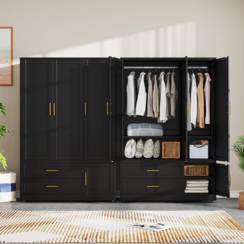 Metal Wardrobe Storage Cabinet with Hanging Rod for Bedroom