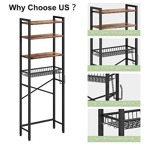 Over-The-Toilet Storage Rack, 4-Tier Bathroom Organizer Shelf Over Toilet with Adjustable Shelf and Basket, Freestanding Space Saver Bathroom Shelves Above Toilet for Room