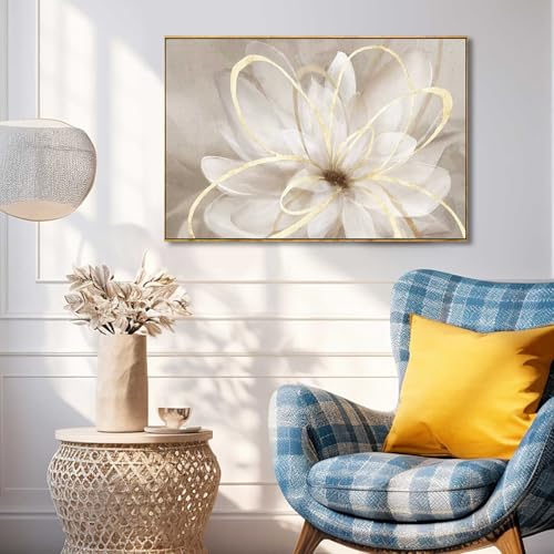 Abstract Bedroom Picture Gold Large Framed Canvas Wall Art Living Room Art Wall Decor Flower Paintings White Textured Pictures