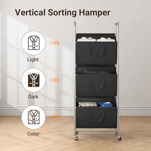 3 Tier Vertical Rolling Laundry Hamper with Wheels & Removable Bags